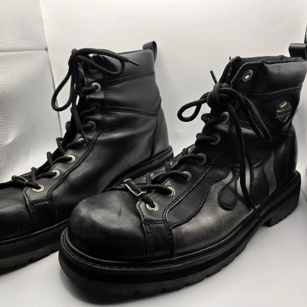 Harley Davidson Mens Black Leather Flame Boots Lace Up Biker 94096 Size 12